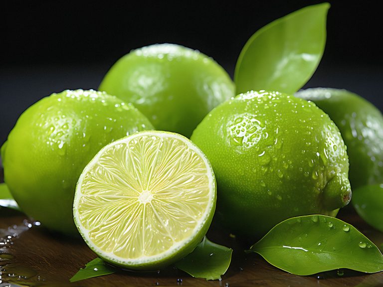 Fresh Green Lemons With Leaves & Sliced Lemon